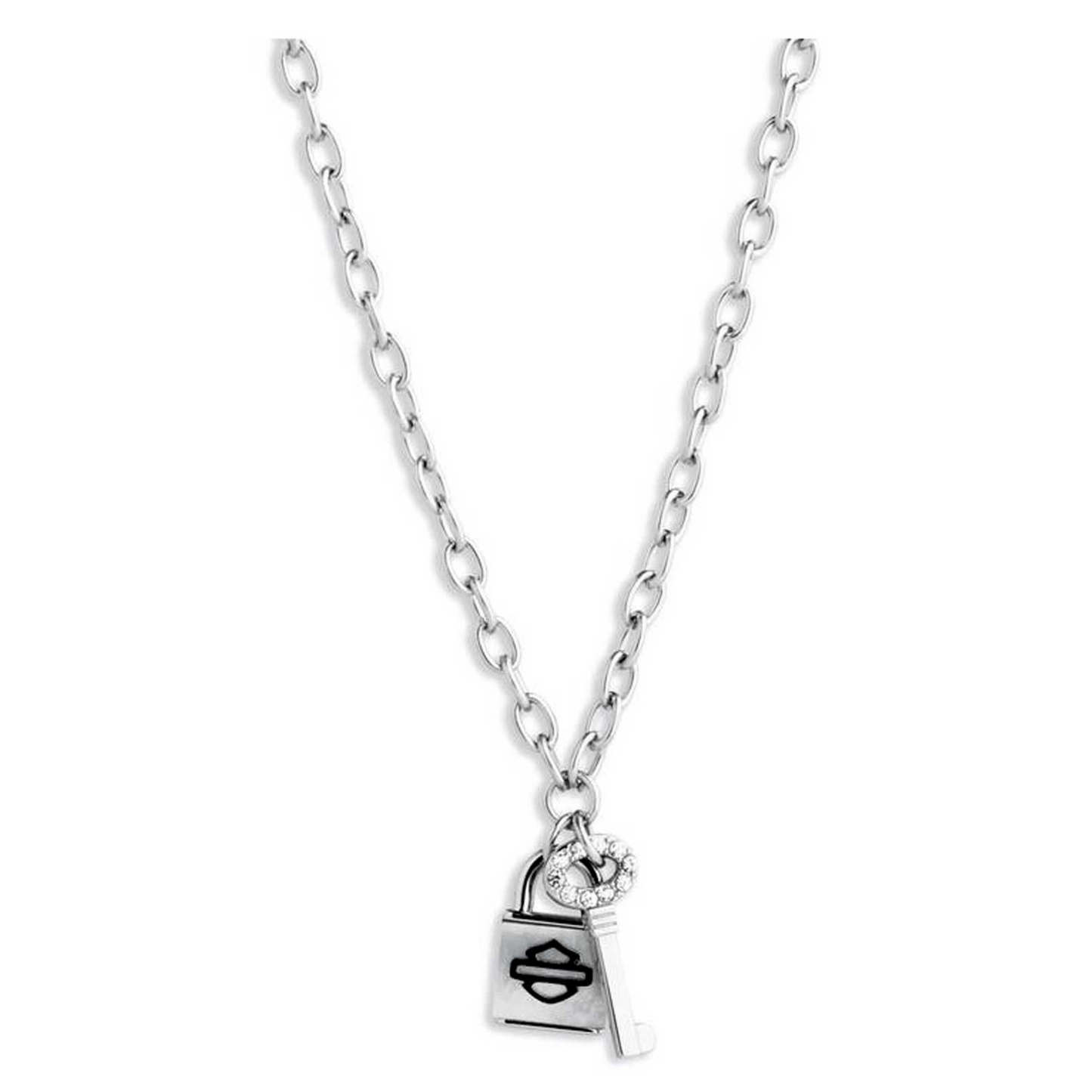 Harley-Davidson® Women's 24 in. Mother of Pearl Lock & Key Charm Necklace - Silver