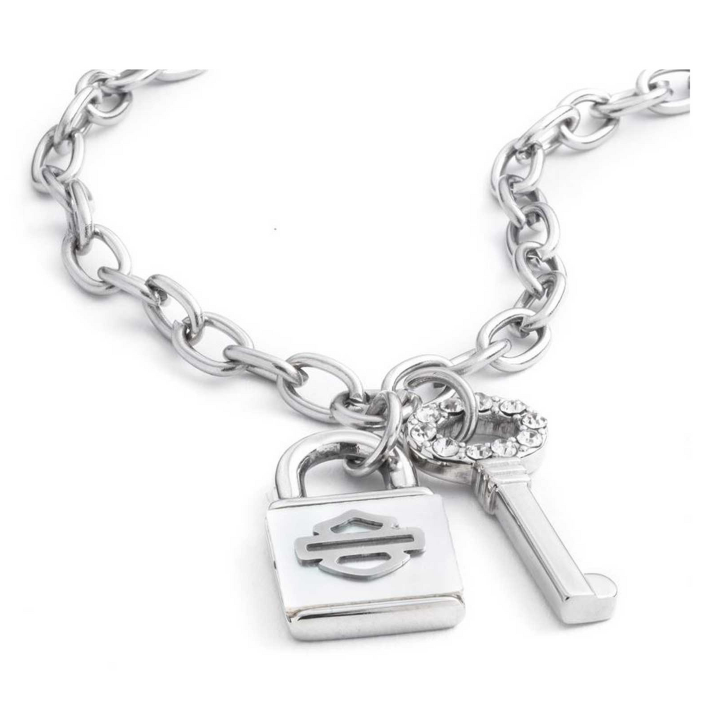 Harley-Davidson® Women's 24 in. Mother of Pearl Lock & Key Charm Necklace - Silver