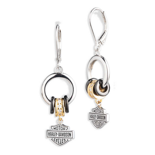 Harley-Davidson® Women's Tri-Tone Crystal Bar & Shield Charm Drop Earrings