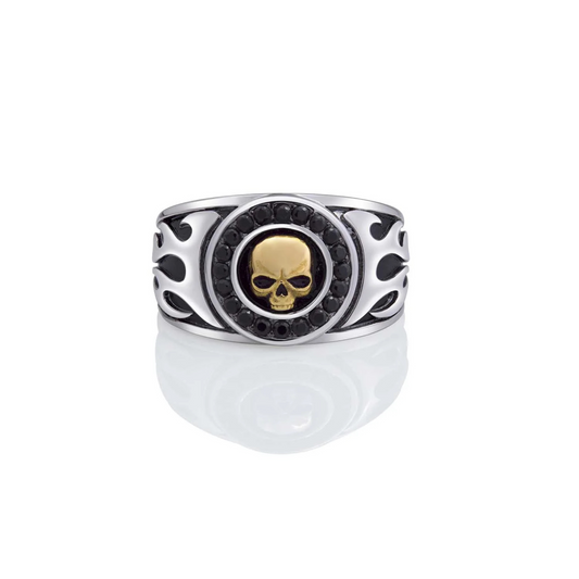 Gold Skull & Flames Signet Ring