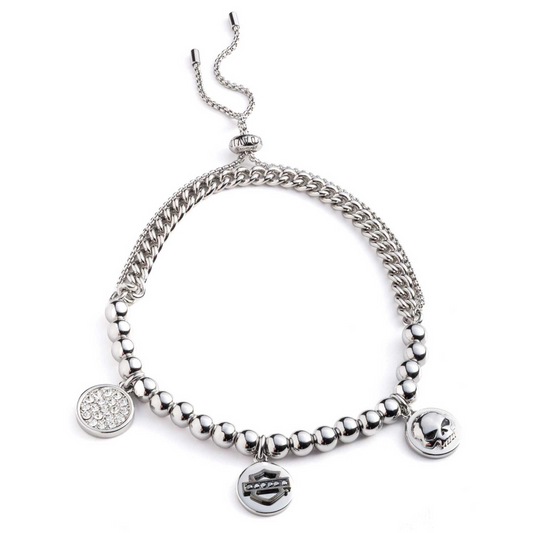 Harley-Davidson® Women's Crystal Charms Double Row Slider Bracelet - Silver