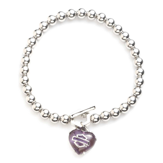 Harley-Davidson® Women's Amethyst Bar & Shield Heart Stretch Bracelet - Silver