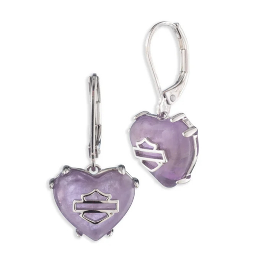 Harley-Davidson® Women's Bar & Shield Amethyst Heart Drop Earrings - Silver