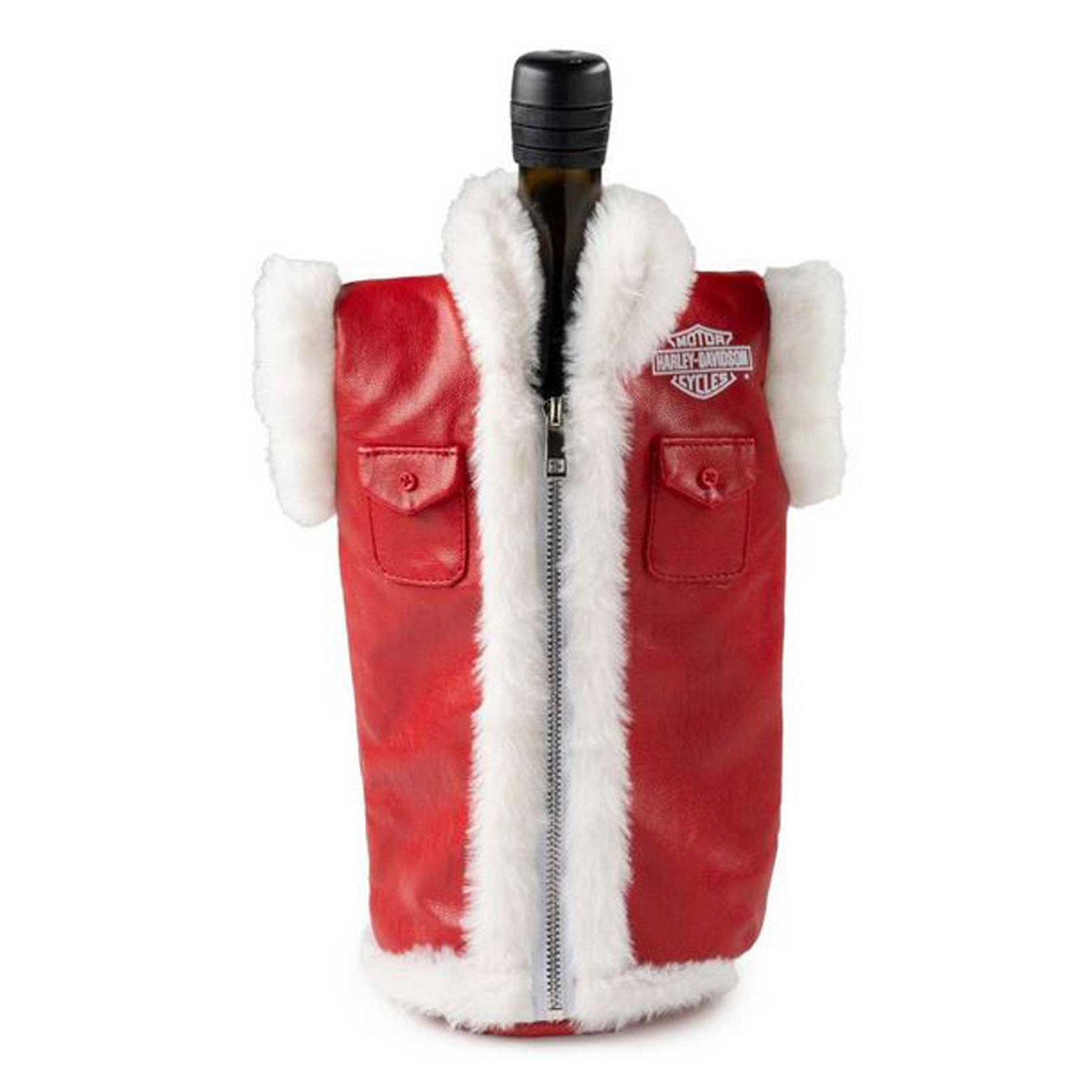 Harley-Davidson® Biker Santa Fur Trim Vest Insulated Wine Bottle Cooler - Red