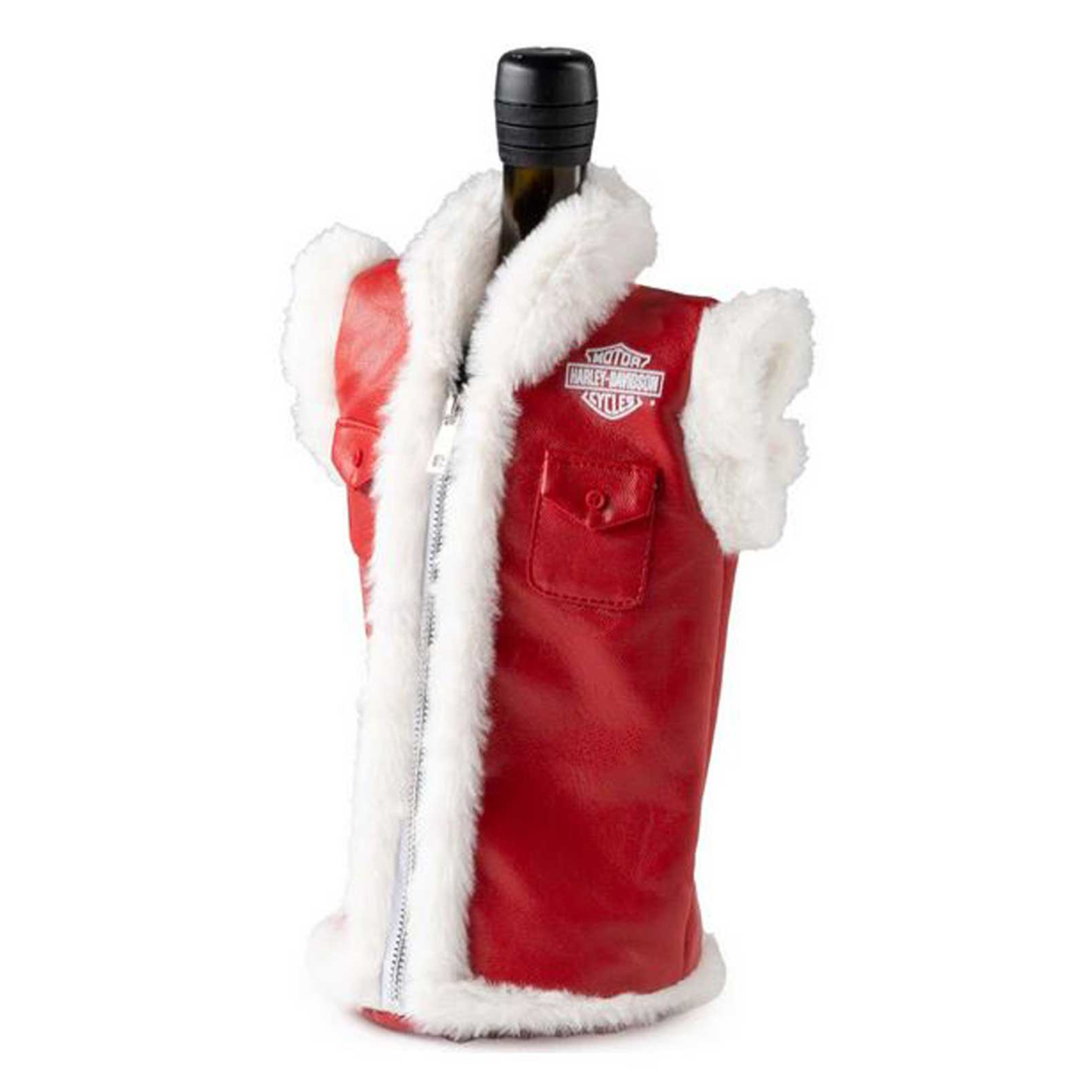 Harley-Davidson® Biker Santa Fur Trim Vest Insulated Wine Bottle Cooler - Red
