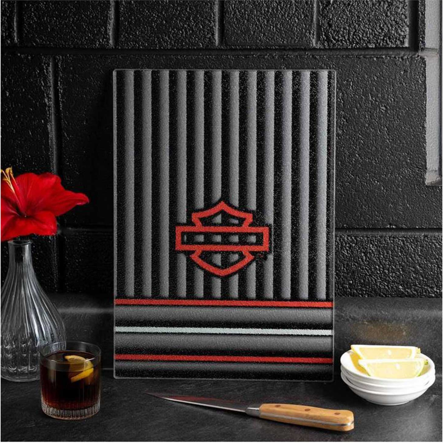 Harley-Davidson® Open Bar & Shield Stripes Cutting Board - Tempered Glass