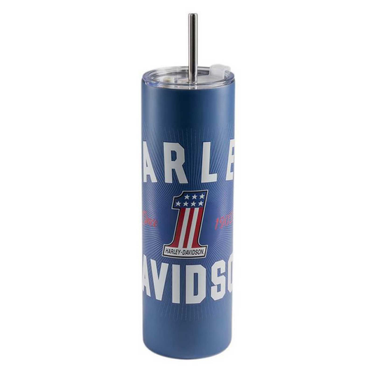 Harley-Davidson® #1 RWB Graphic Travel Mug w/ Straw - Blue Stainless Steel