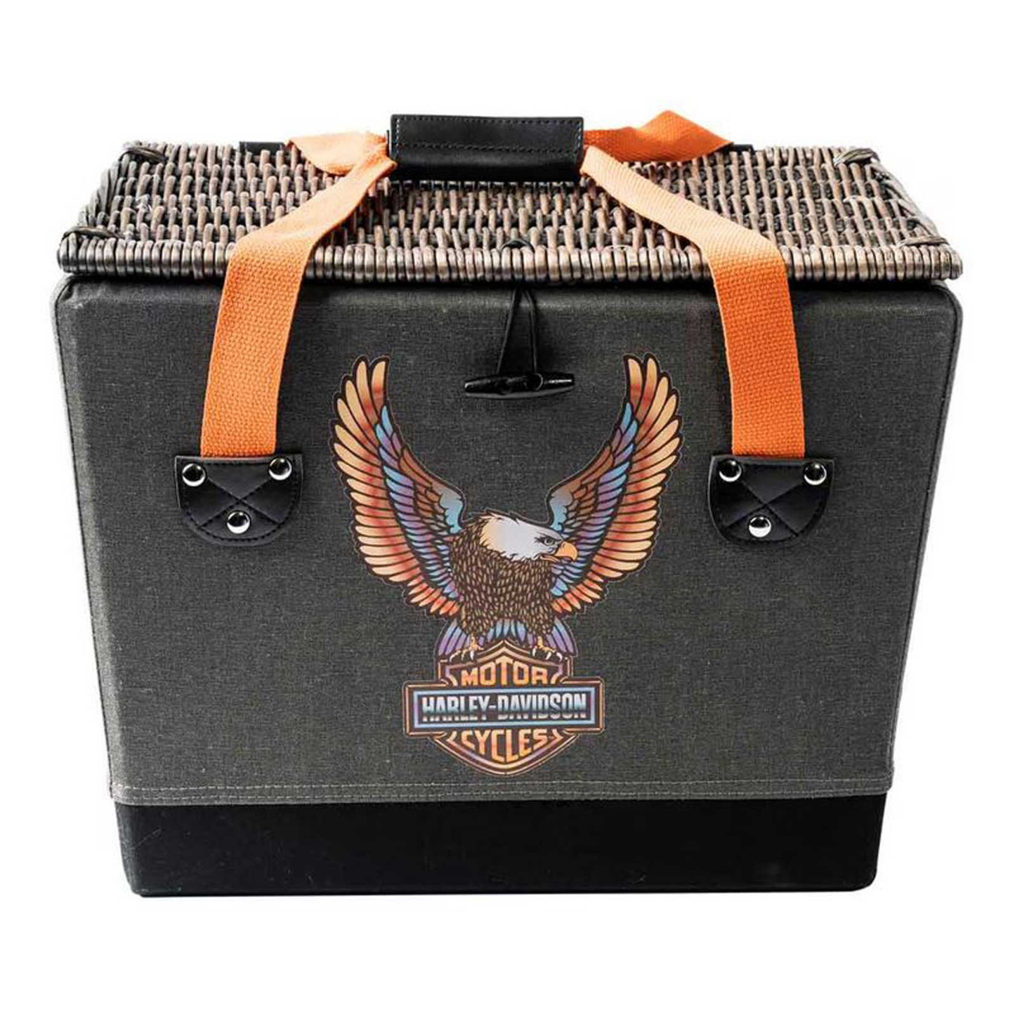 Harley-Davidson® Vivid Bar & Shield Eagle Picnic Basket w/ Wicker Lid & Handles