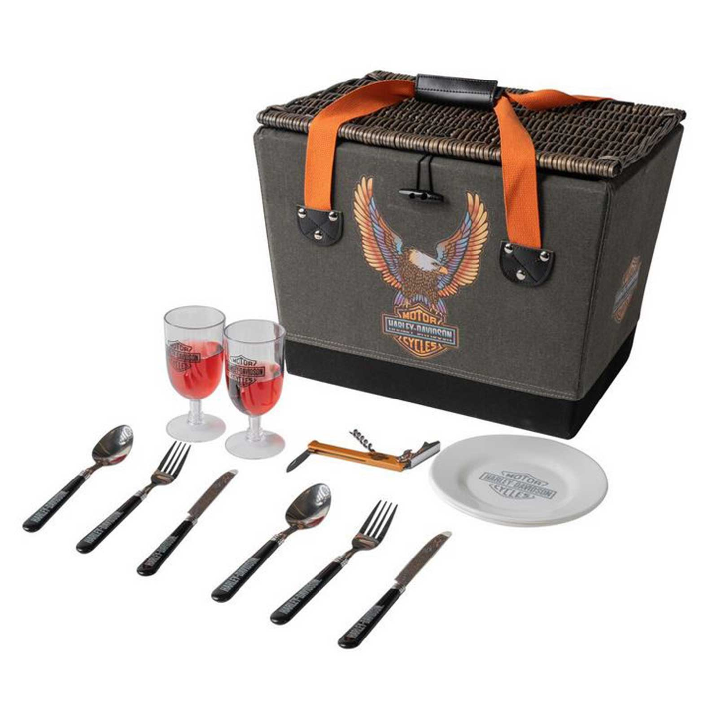 Harley-Davidson® Vivid Bar & Shield Eagle Picnic Basket w/ Wicker Lid & Handles