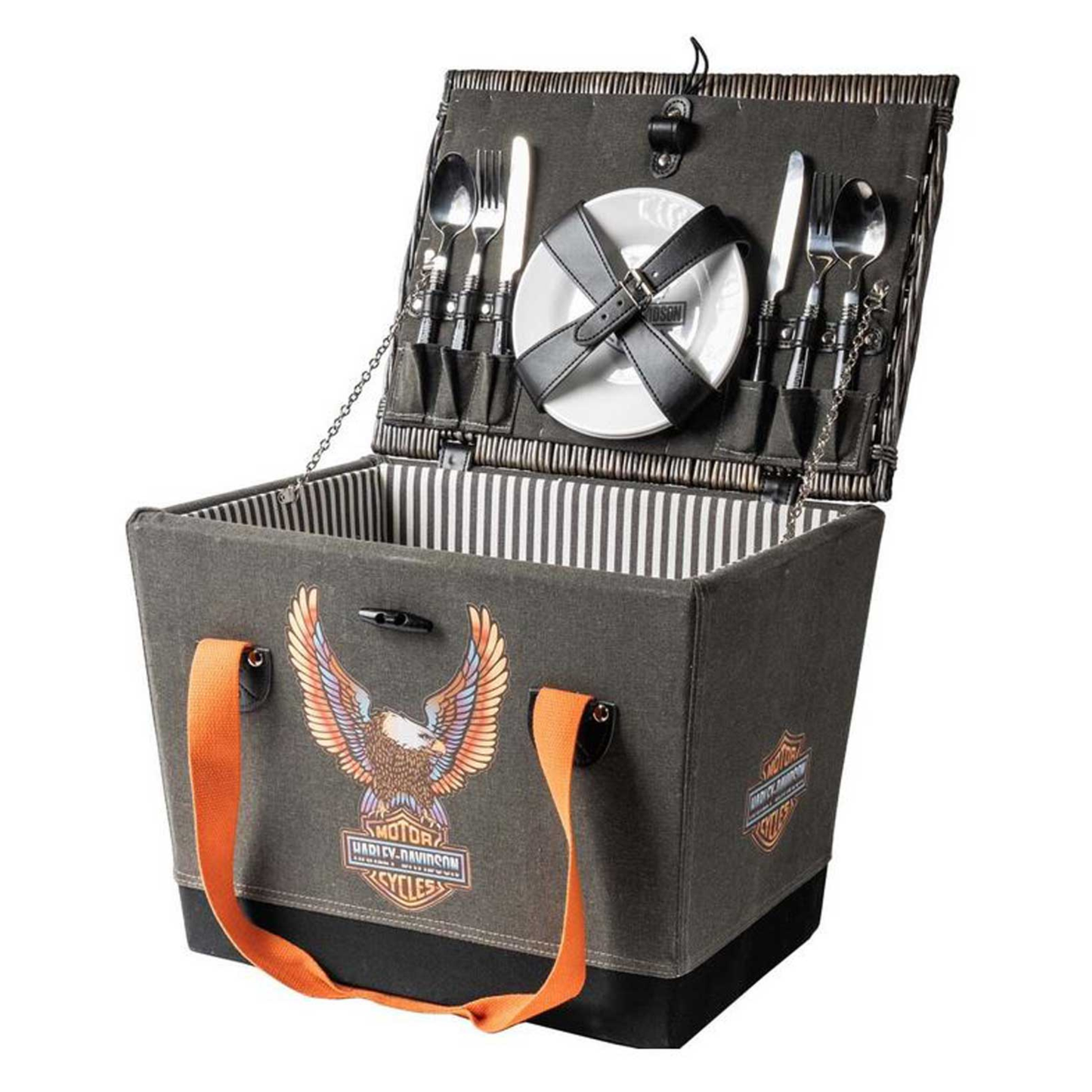 Harley-Davidson® Vivid Bar & Shield Eagle Picnic Basket w/ Wicker Lid & Handles