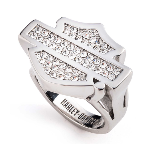 Harley-Davidson® Women's Paved Crystal Bar & Shield Logo Ring - Sterling Silver