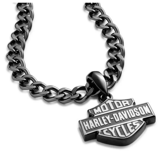 Harley-Davidson® Men's B&S Stud 24" Pendant Stainless Steel Necklace - Black