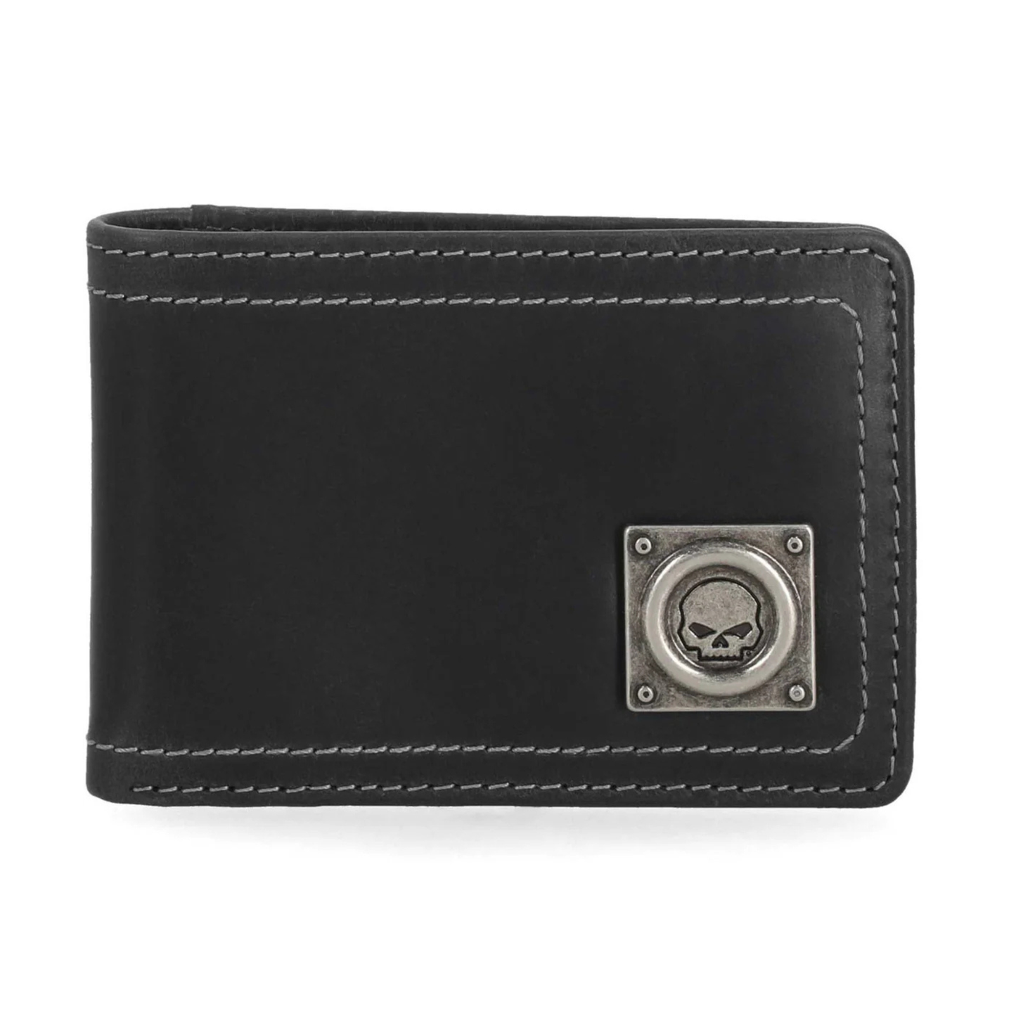 Harley-Davidson® Men's Willie G Skull Stitch Front Pocket Leather Wallet - Black