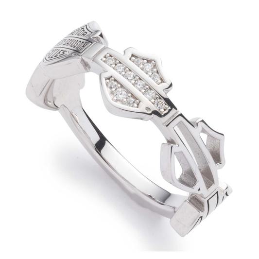 Harley-Davidson® Women's Crystal Multi Bar & Shield Logos Silver Plated Ring