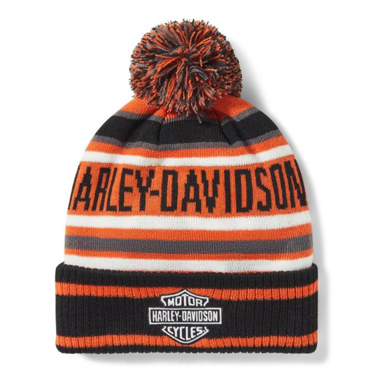 Harley-Davidson® Men's Striped Pom Knit Winter Beanie - Orange