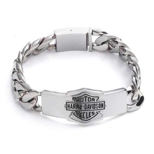 Harley-Davidson® Men's Bar & Shield Thick Curb Chain Stainless Steel Bracelet