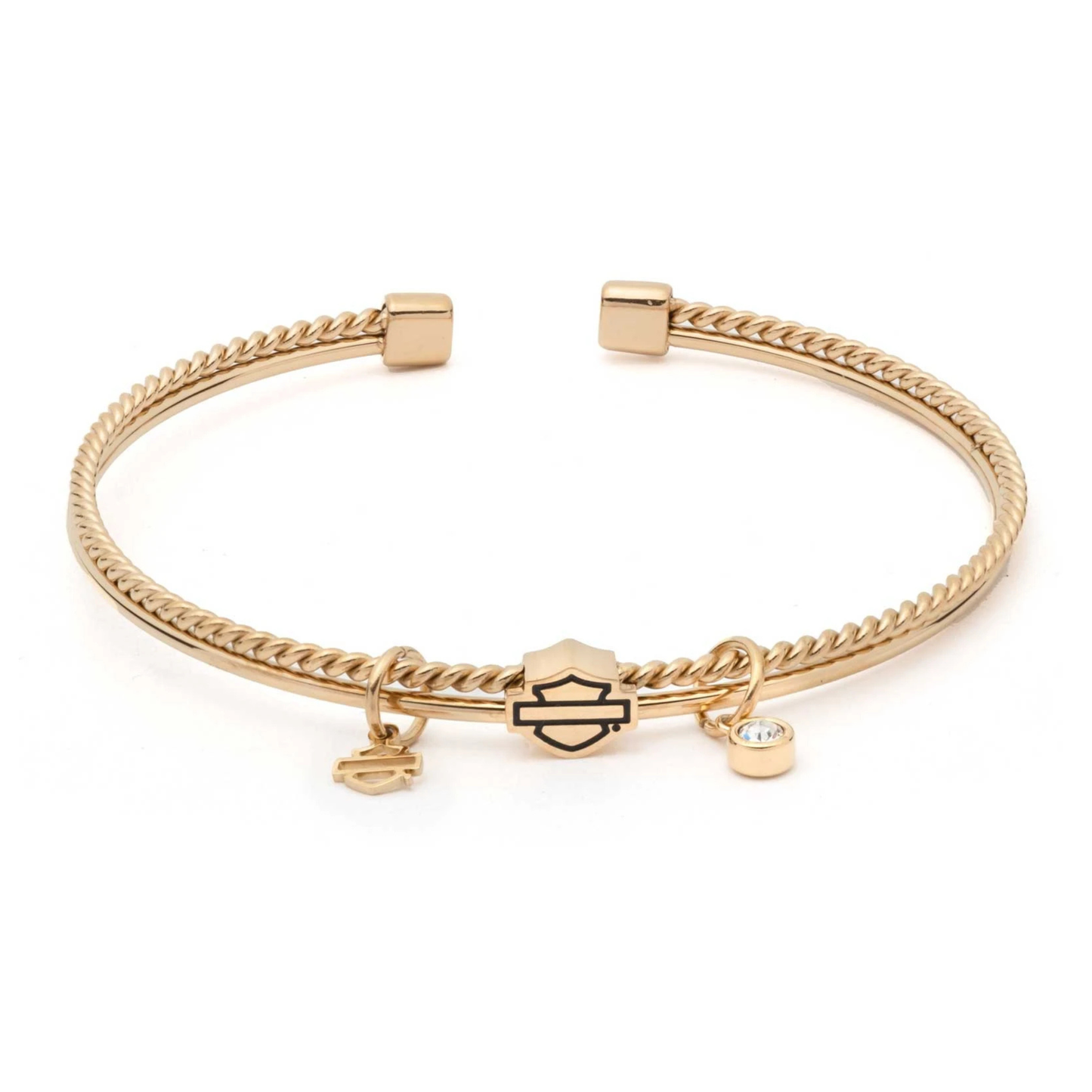 Harley-Davidson® Women's Bar & shield Crystal Charms Textured Cuff Bracelet - Gold