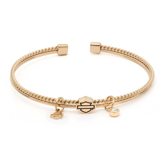 Harley-Davidson® Women's Bar & shield Crystal Charms Textured Cuff Bracelet - Gold