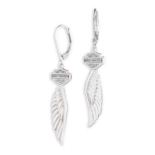 Harley-Davidson® Women's Script Bar & Shield Winged Logo Drop Earrings - Silver