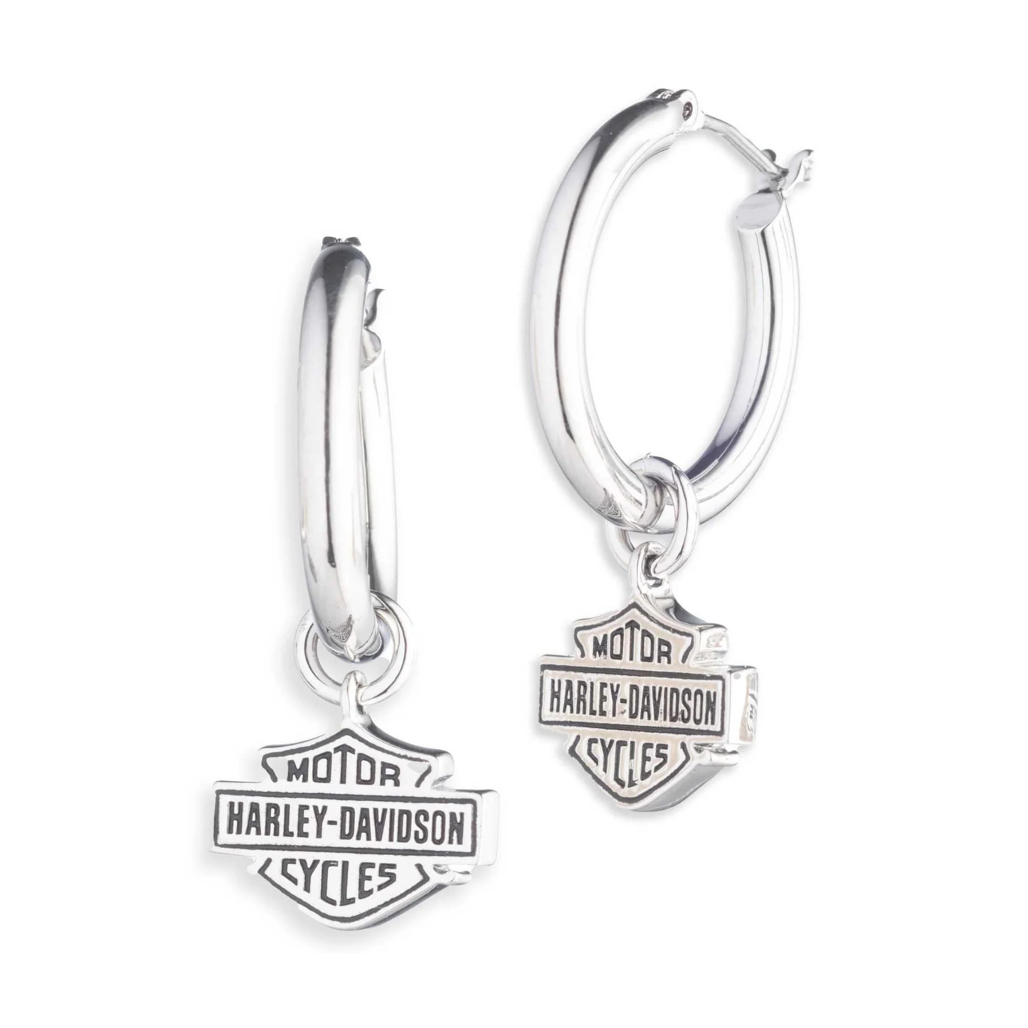 Harley-Davidson® Women's Script Bar & Shield Logo Charm Hoop Earrings - Silver