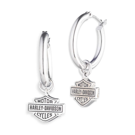 Harley-Davidson® Women's Script Bar & Shield Logo Charm Hoop Earrings - Silver