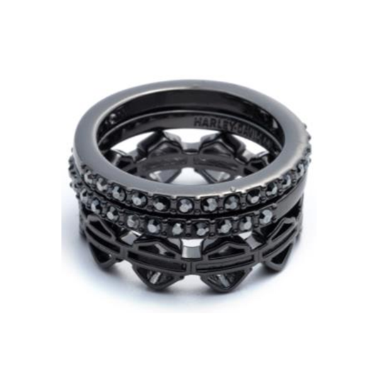 Harley-Davidson® Women's Set of 3 Pave Bar & Shield Logo Stackable Rings - Hematite