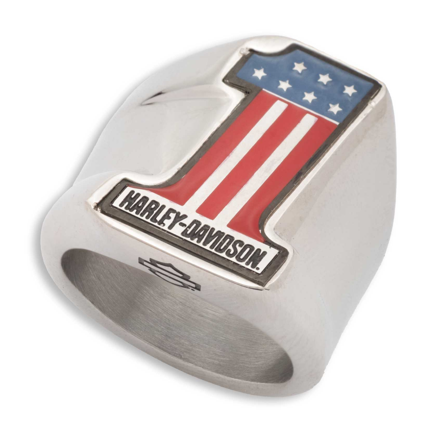 Harley-Davidson® Men's #1 RWB USA Logo Stainless Steel Ring - Silver Finish