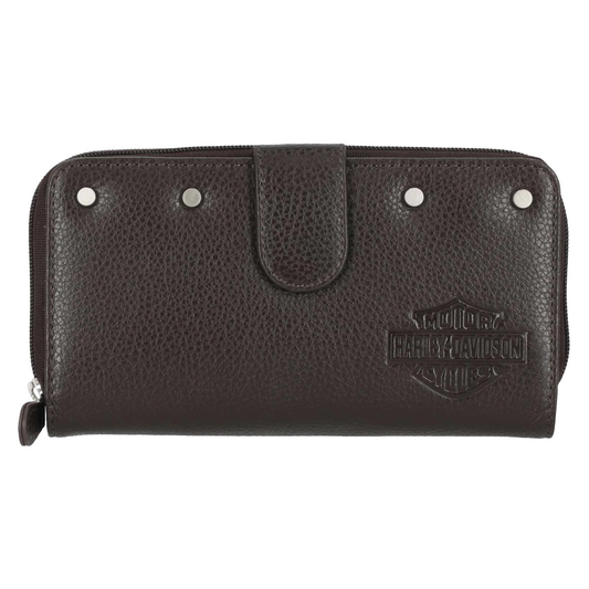 Harley-Davidson® Women's Core Stud B&S Leather Tab Clutch Wallet - Dark Brown