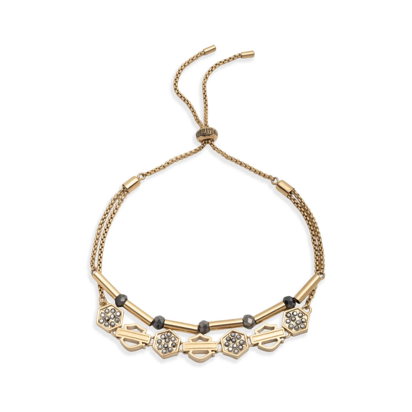 Harley-Davidson® Women's Bar & Shield Stone Adjustable Slider Bracelet - Gold