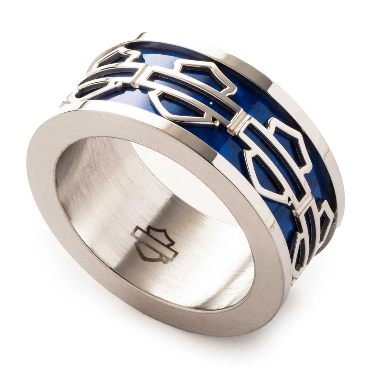 Harley-Davidson® Men's Blue Bar & Shield Logo Stainless Steel Band Ring - Silver