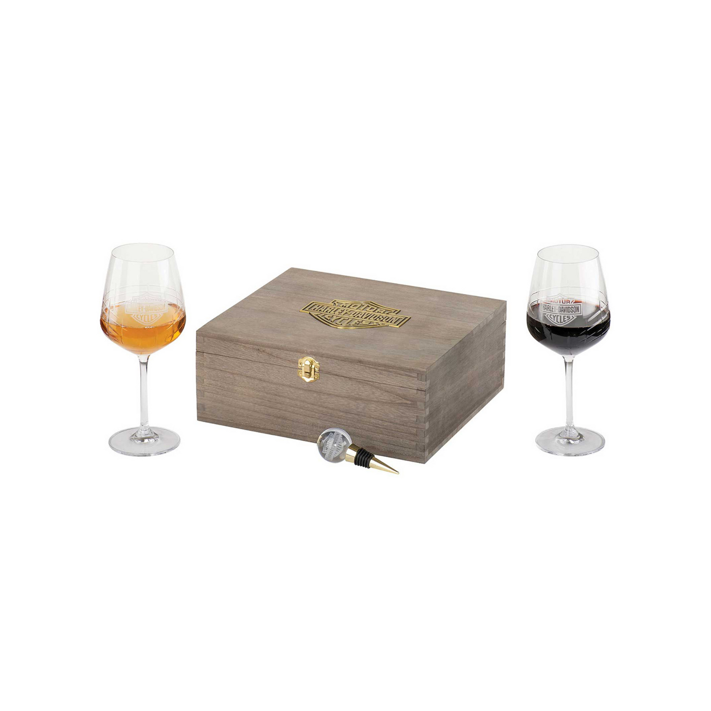 Harley-Davidson® Premium Wine Gift Set - Two Wine Glasses, Stopper & Storage Box