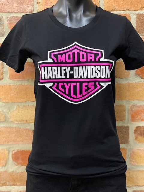 Gasoline Alley Harley-Davidson® Ladies Bar & Shield Dealer Tee – Black/Pink